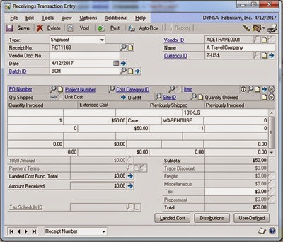 Receiving Transaction Entry