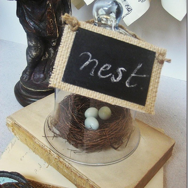 Vintage Bird's Nest Cloche with Burlap and Chalkboard Sign