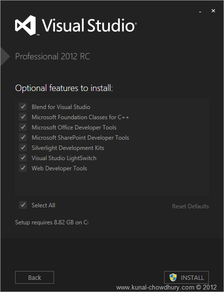 VS2012 Installation Experience - Screen 2 - Features to Install