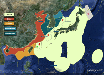 ΑΟΖ Ιαπωνίας, Βόρειας και Νότιας Κορέας, Κίνας και Ταιβάν