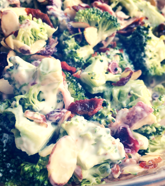 Cranberry Almond Bacon Broccoli Salad with Greek Yogurt Dressing