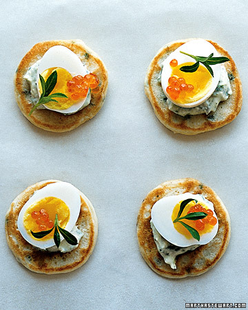 Chive Vlini With Creme Fraiche, Quail Eggs, and Tarragon. (marthastewart.com) Chive Vlini With Creme Fraiche, Quail Eggs, and Tarragon. (marthastewart.com)
