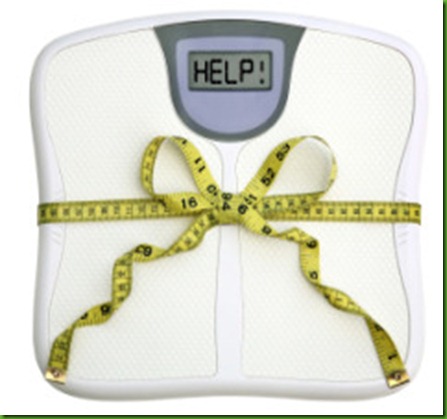 A scale with a tape measure wrapped around it tied in a bow. The display window says HELP!  White background. Dieting concept.