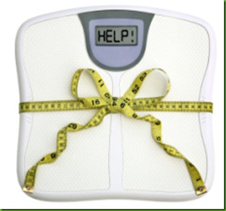 A scale with a tape measure wrapped around it tied in a bow. The display window says HELP! White background. Dieting concept. A scale with a tape measure wrapped around it tied in a bow. The display window says HELP! White background. Dieting concept.