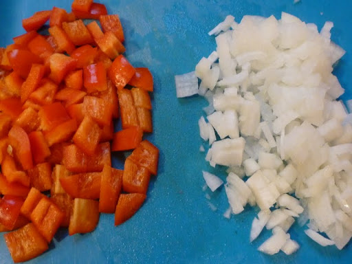 Bell pepper and onions for Zucchini and Corn Relish.