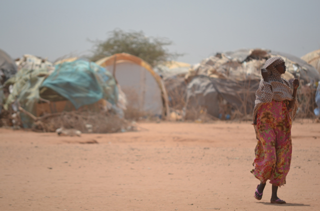 A female refugee walks in front of makeshift dwellings in the Dadaab complex on the Kenyan-Somali border. The Dadaab complex was designed to host 90,000 refugees, but is now home to over 440,000. Hundreds of thousands of Somalis, threatened by drought and civil war, have wound up at Dadaab. Azad Essa / Al Jazeera