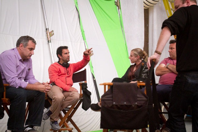 Producer Bernie Goldmann, director Tarsem Singh, Relativity Media advertising executive Tracy Pollard and executive producer Kevin Misher confer off-set, "Snow White," September 12, 2011