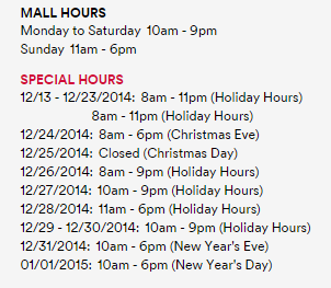 Mall Hours, Special Hours