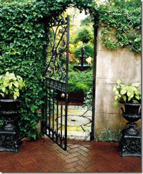 secret garden, gate wrought iron, herringbone brick