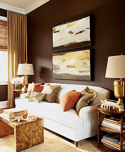Another example of the combination of dark chocolate and creamy tones. (thedecorista.com)