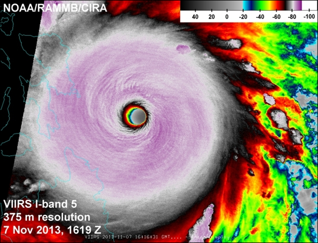 High-resolution satellite image of Super Typhoon Haiyan at its peak intensity on 7 November 2013. Photo: NOAA / CIRA