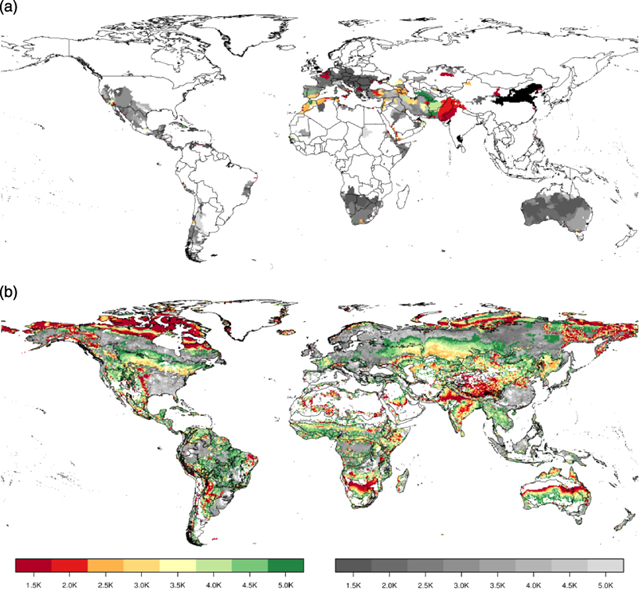 Threshold level of ΔTg leading to significant local changes in water resources (a) and terrestrial ecosystems (b). (a) Coloured areas: river basins with new water scarcity or aggravation of existing scarcity (cases (1) and (2), see section 2.3.1); greyish areas: basins experiencing lower water availability but remaining above scarcity levels (case (3)); black areas: basins remaining water-scarce but without significant aggravation of scarcity even at ΔTg = 5 °C (case (4)). No population change is assumed here. Basins with an average runoff <10 mm yr−1 per grid cell are masked out. (b) Regions with severe (coloured) or moderate (greyish) ecosystem transformation; delineation refers to the 90 biogeographic regions. All values denote changes found in >50% of the simulations. Graphic: Gerten, et al., 2013