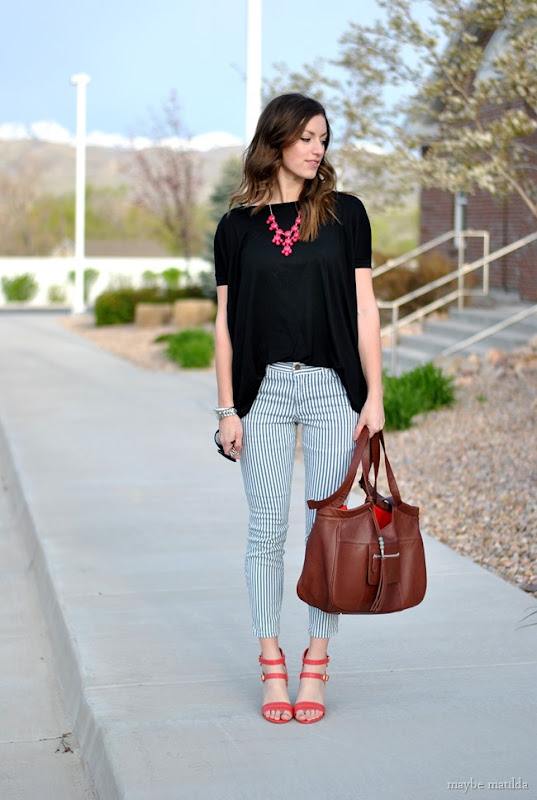 striped pants + black top + coral accessories // www.maybematilda.com