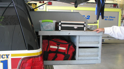 At the back of the Batallion Chiefs vehicle sits the box that contains the three animal resuscitators. (Photo by: Brittni Bynum)