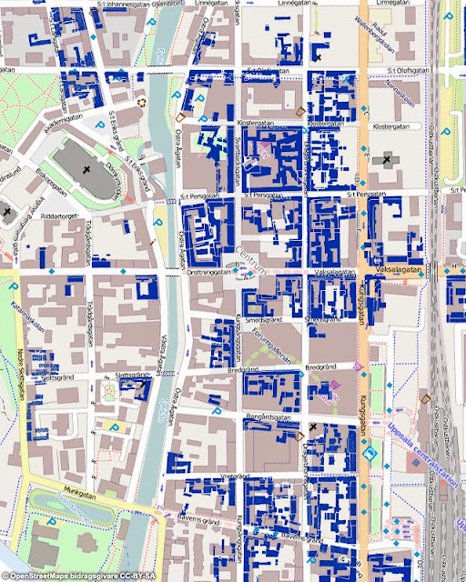 karta över rivna hus i Uppsala åren 1958-1978