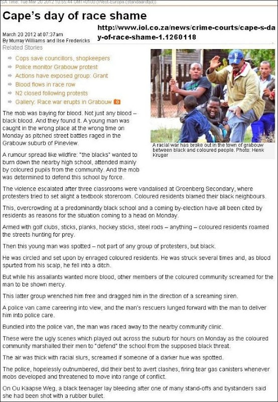 RACIAL VIOLENCE BREAKS OUT IN GRABOUW SOUTH AFRICA BETWEEN COLOUREDS AND BLACKS FOREIGNERS MAR202012