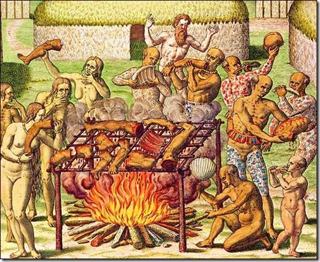 XIR164722 <br /><br />Credit: Scene of cannibalism, from 'Americae Tertia Pars...', 1592 (colour engraving) by Bry, Theodore de (1528-98)<br /><br />©Service Historique de la Marine, Vincennes, France/ Lauros / Giraudon/ The Bridgeman Art Library<br /><br />Nationality / copyright status: Flemish / out of copyright