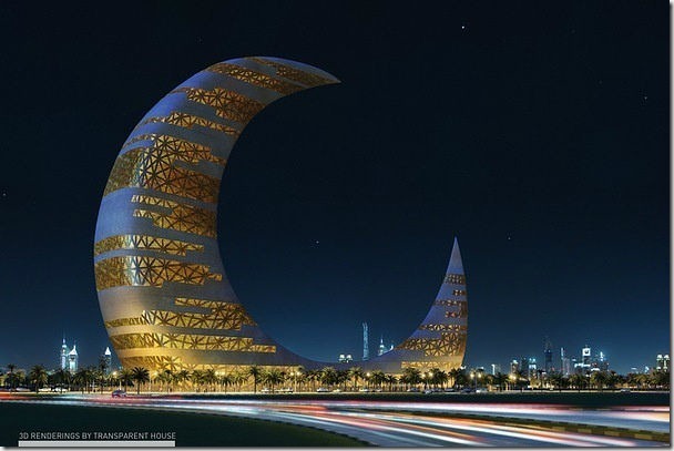 杜拜的半月形建築物，像極了卡通中的景象。