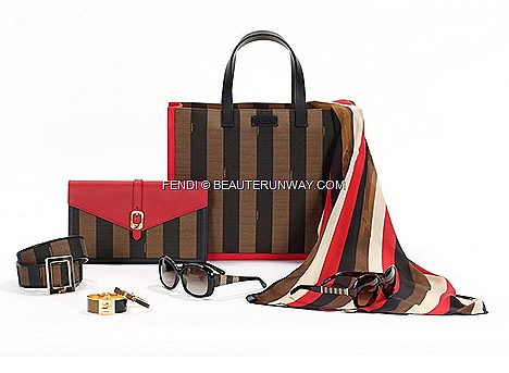 Fendi Pequin Bags Accessories Fall Winter 2013 Capsule Collection shopping bag, clutch bag silk stole, bracelets, sunglasses belt Spring Summer 2014 Pequin fabric iconic Fendi black tobacco colours red leather store Josef Hoffman