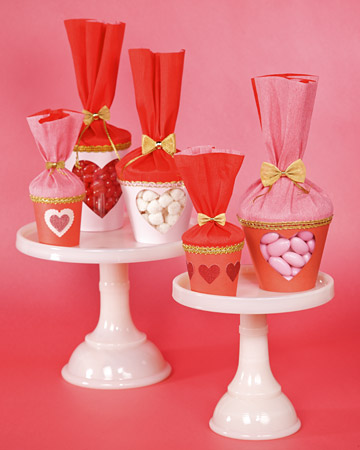 Valentine Treat Cups: Kids can make their own festive Valentine's Day cups and fill with red, white, and pink candies for a sweet gift. Get the How-To: http://www.marthastewart.com/271210/valentine-treat-cups