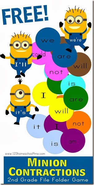 FREE Minion Contractions language arts game to help first grade and second grade kids understand what a contraction is while playing a fun learning game in a literacy center, homeschooling or summer learning FREE Minion Contractions language arts game to help first grade and second grade kids understand what a contraction is while playing a fun learning game in a literacy center, homeschooling or summer learning