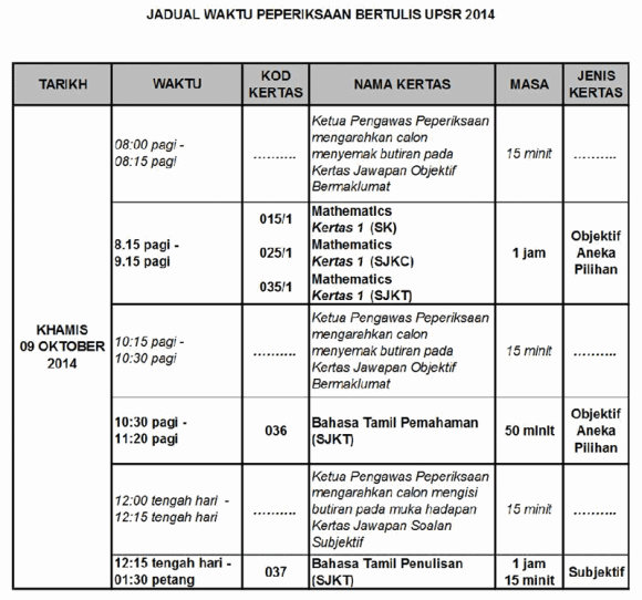 Jadual Waktu Peperiksaan UPSR 2014 - Matematik dan Bahasa Tamil