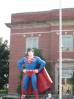 the annual Superman Festival in Metropolis brings many visitors to the small town. a statue of superman guards the town square year-round.