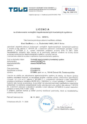 Licencia TSÚS na zatepľovanie systémom Stomix