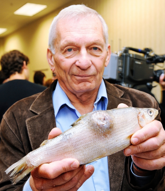 University of Alberta scientist David Schindler holding a deformed whitefish collected from the Athabasca watershed, downstream from the oilsands industrial development. Schindler told a Carleton University audience Friday that claims that Alberta&rsquo;s oilsands are environmentally harmless are 'lies' and won&rsquo;t convince anyone in Washington. Photo: Ed Kaiser / Edmonton Journal