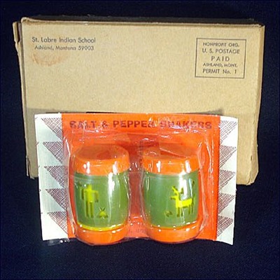 St. Labre Indian School salt and pepper shakers, original packaging and shipping box St. Labre Indian School salt and pepper shakers, original packaging and shipping box