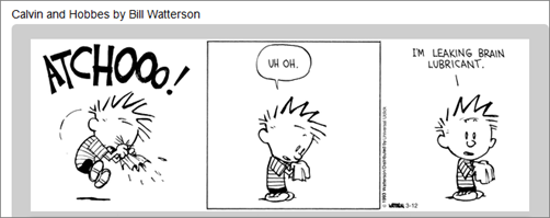c0 Calvin and Hobbes cartoon. Calvin sneezes and says "I'm leaking brain lubricant."