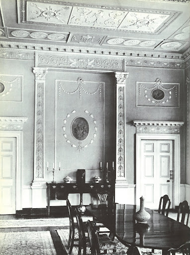 The grand character of this dining room at Mount Kennedy is due to the beautiful plasterwork by Michael Stapleton and grisaille roundels by de Gree. The grand character of this dining room at Mount Kennedy is due to the beautiful plasterwork by Michael Stapleton and grisaille roundels by de Gree.