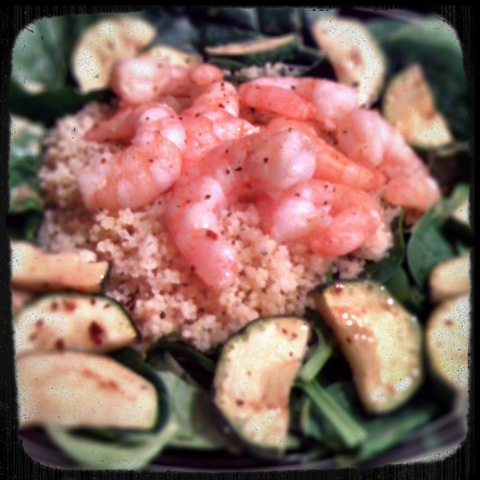 Healthy midweek meal #1 - lemon couscous with griddled courgette and chilli prawns on a bed of spinach
