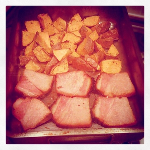 #44 - slices of coke braised ham & sweet potato wedges for supper #44 - slices of coke braised ham & sweet potato wedges for supper