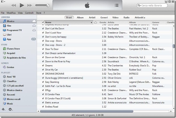 iTunes 11 con barra laterale e barra dei menu