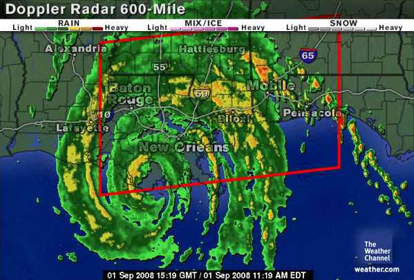 Doppler radar view of Hurricane Gustav's landfall at Cocodrie, Lousiana, 70 miles southwest of New Orleans, on 1 September 2008. weather.com