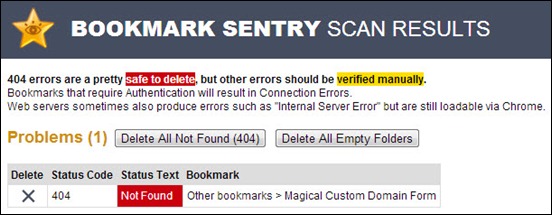 Hasil scan ekstension Bookmark Sentry di Google Chrome