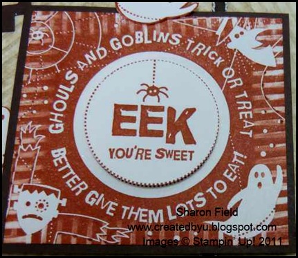 sweet centers, halloween, card, technique, grunge, stripes, drag technique, KISS technique, splitcoaststampers, sharon_Field, timeless_trim, big_Shot, die_Cut, punches, brads
