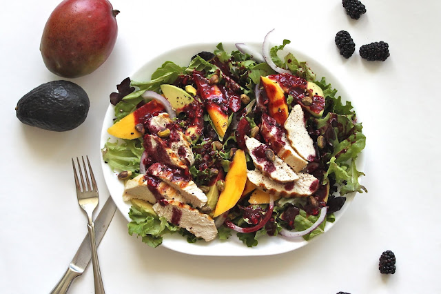 Grilled Chicken Salad with Mango, Avocado + Blackberry Vinaigrette