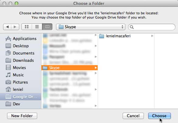 Figure 3 - Choose an existing folder (Skype) on Google Drive or create New Folder