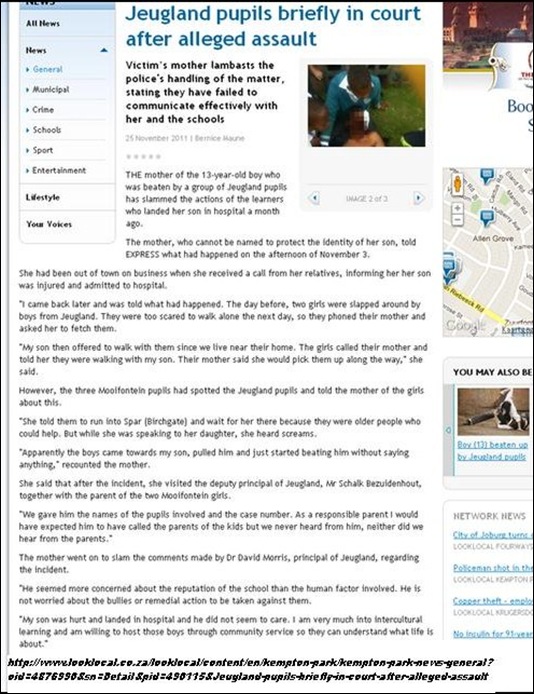 AFRIKAANS PUPILS AND COLOURED PUPILS JEUGLAND RACE ATTACKS NOV 2011 CAXTON NEWSPAPER REPORT