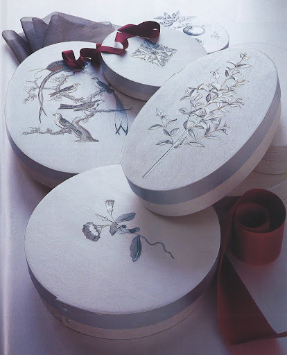 Wood boxes are all finished with opalescent silver paint, which reveals the grain beneath, then topped with designs photocopied onto silver paper from old prints. Wood boxes are all finished with opalescent silver paint, which reveals the grain beneath, then topped with designs photocopied onto silver paper from old prints.