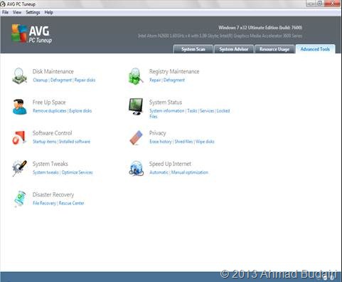 Tampilan menu pada Advanced Tool AVG PC Tuneup