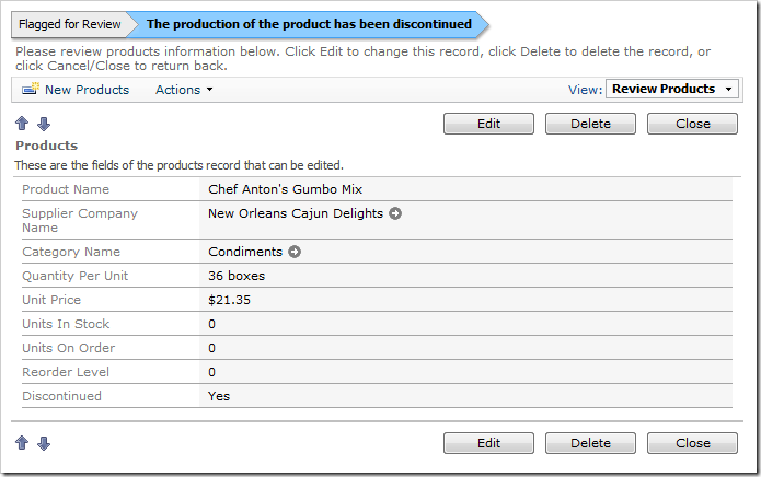 The status bar indicates that the product has been discontinued. The status bar indicates that the product has been discontinued.