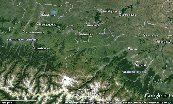 Carte du versant Nord du Caucase : le Mont Elbrouz, Kislovodsk et Mineral'nye Vody