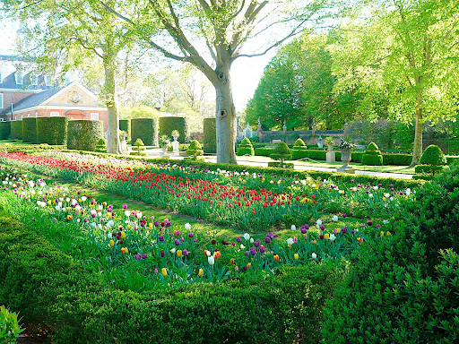 More parterres, edged in box and filled with tulips, give a very European sensibility. It is the nicest place for an afternoon stroll out of the sun.