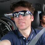 Marco Polo Cycling Team manager Remko Kramer driving the team car with mechanic Rozimi Omar in the Tour de Korea. (photo: Remko Kramer)