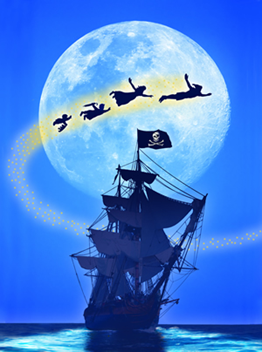 c0 Peter Pan and Wendy and children fly over ship in front of moon