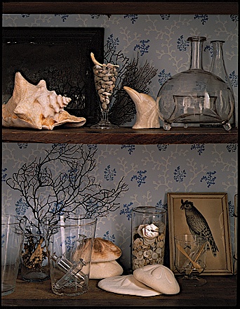 Wallpaper is also a great way to add color. Here, a blue and white coral pattern is added to back of a cabinet. Wallpaper is also a great way to add color. Here, a blue and white coral pattern is added to back of a cabinet.