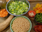 Leeks have a lot of grit so once cut, they're soaked in several changes of water until clean. In the front, we have  Israeli couscous and in the bottom left corner, a white sweet potato.